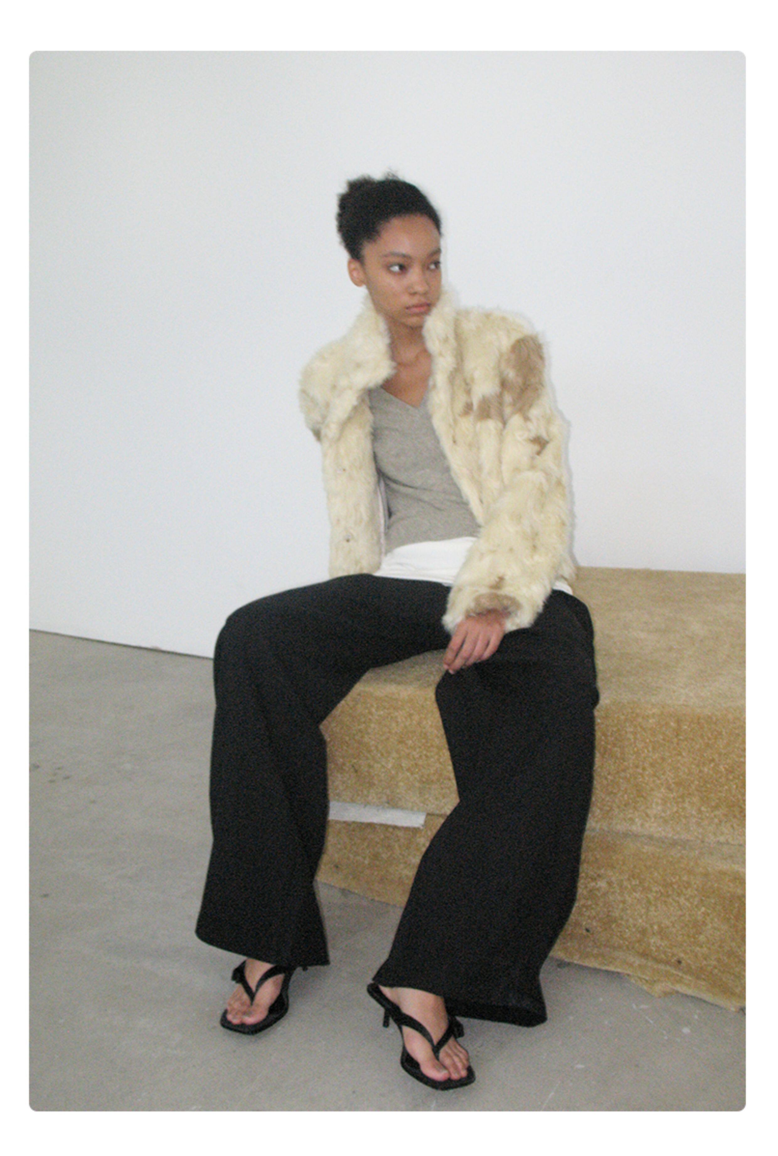 White-brown curly eco-fur warm thick jacket