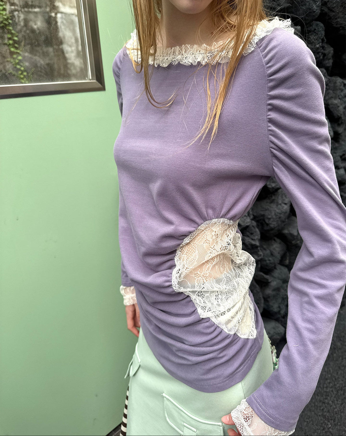 Lace pleated T-shirt