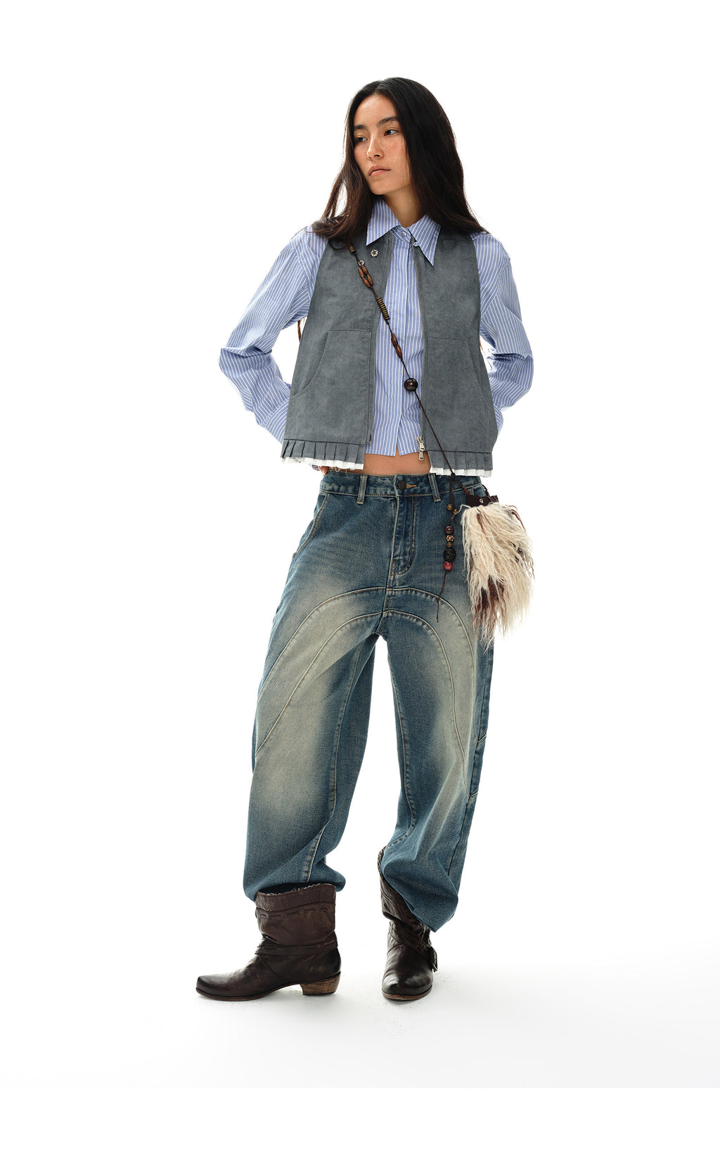 Pleated Ruffle Trim Zip Vest