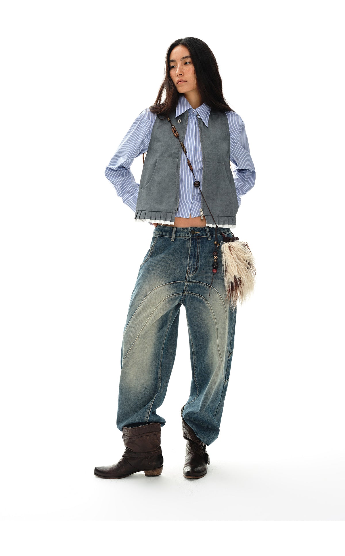 Pleated Ruffle Trim Zip Vest