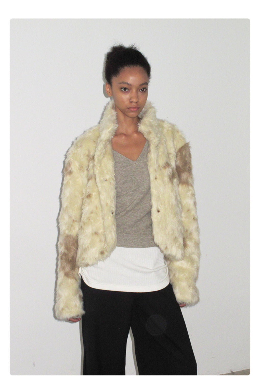White-brown curly eco-fur warm thick jacket
