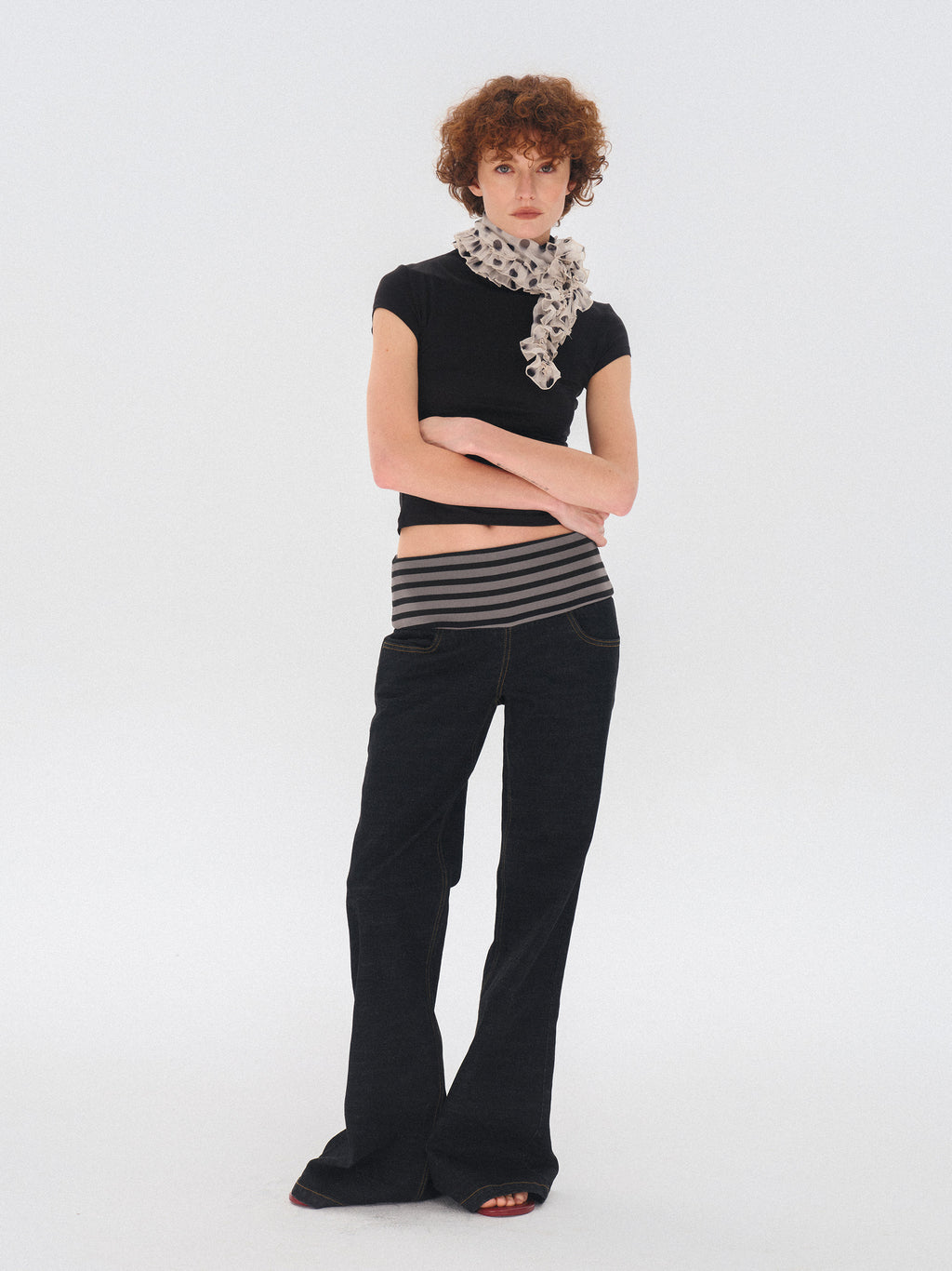 Polka dot ruffled thin silk scarf