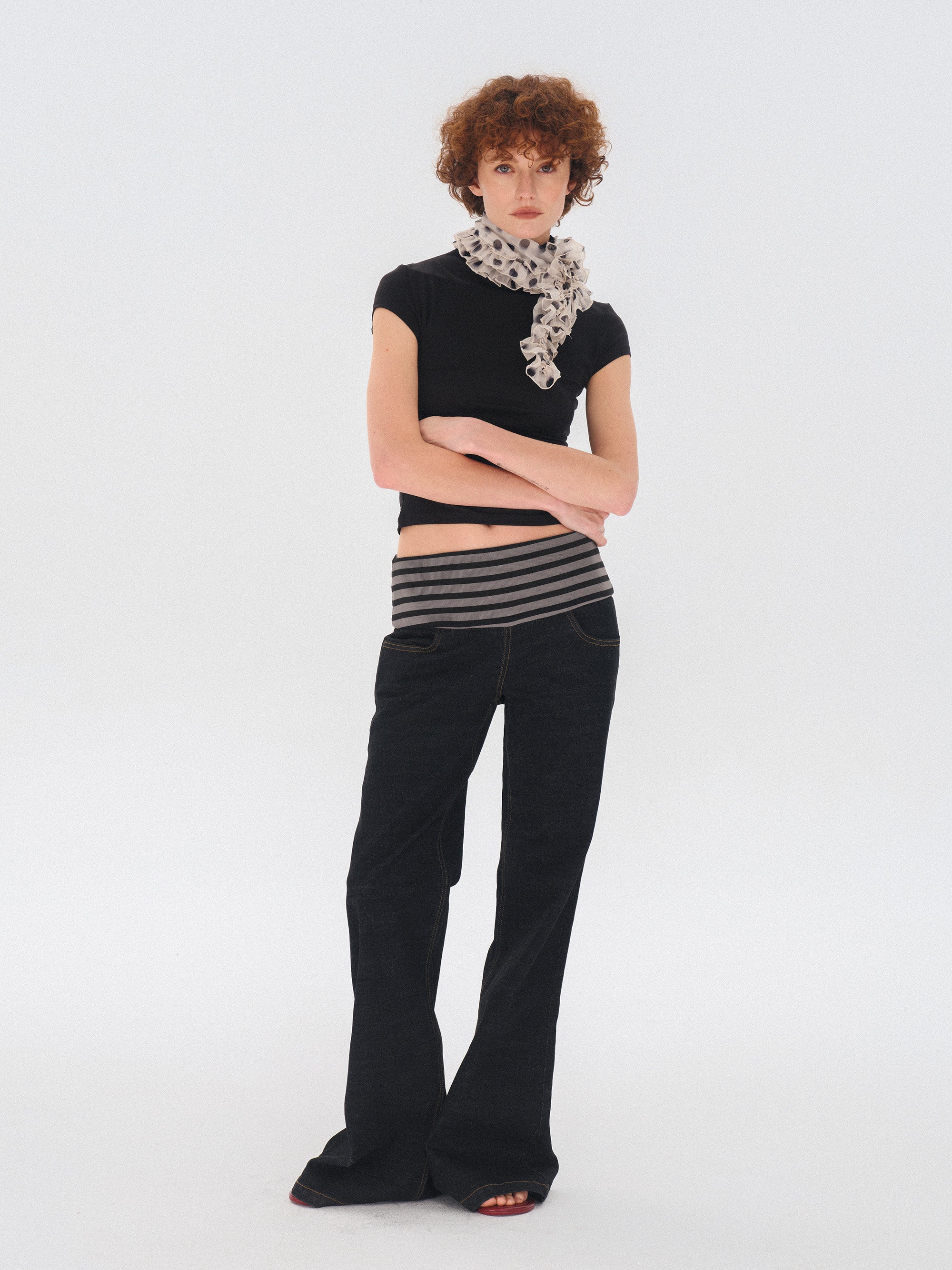 Polka dot ruffled thin silk scarf