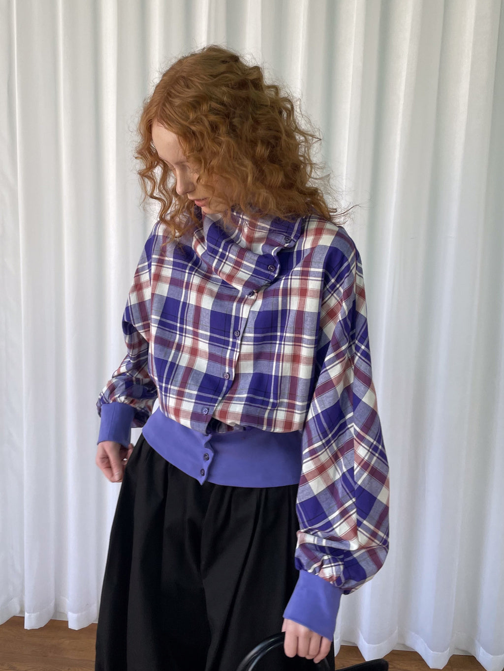 Plaid pleated shirt jacket