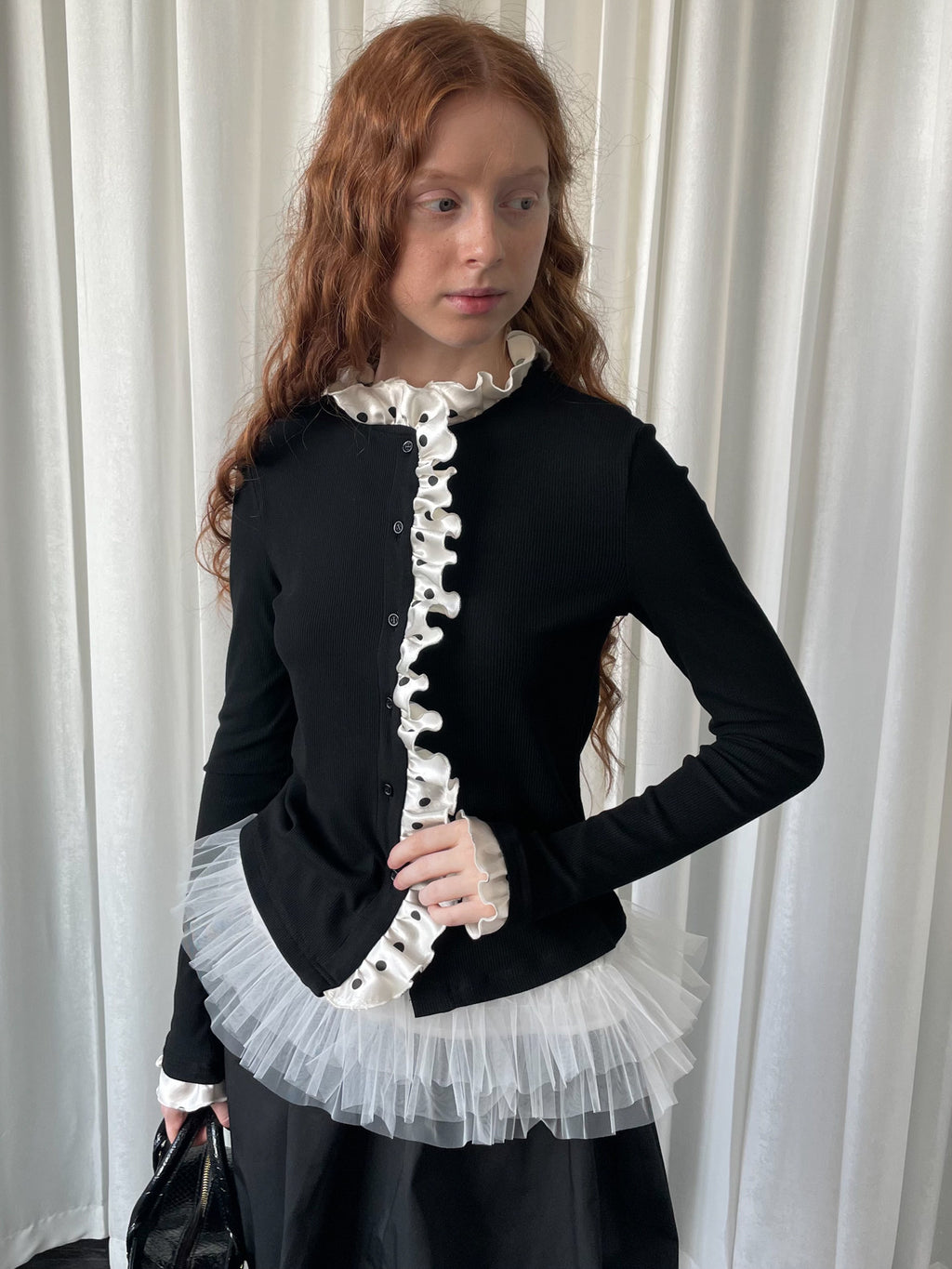 Knitted cardigan with polka dot lace