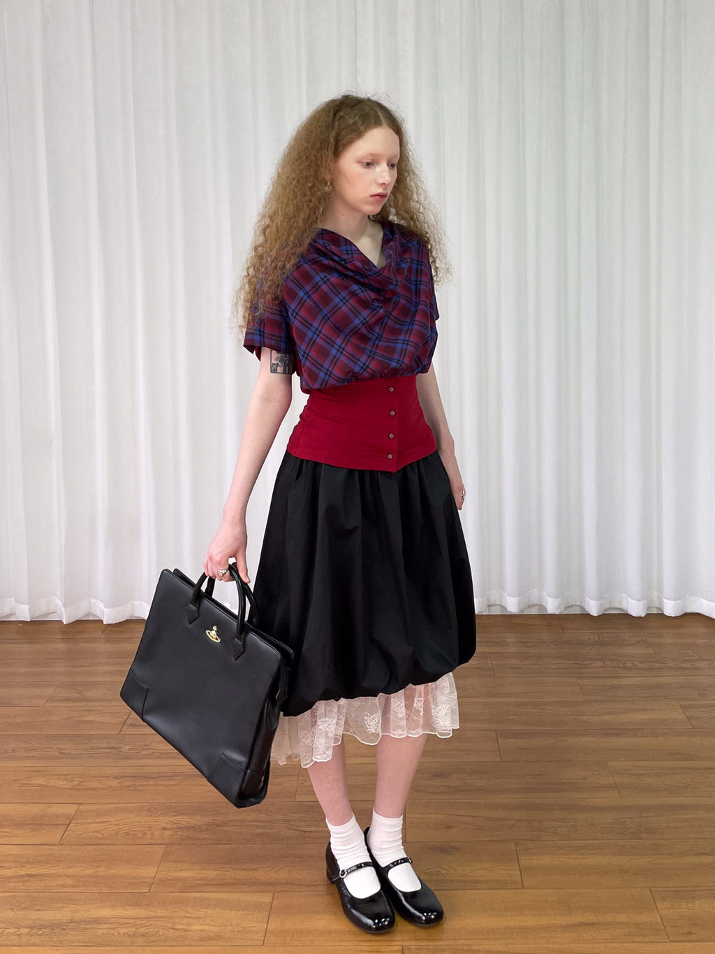 Collar short-sleeved check shirt