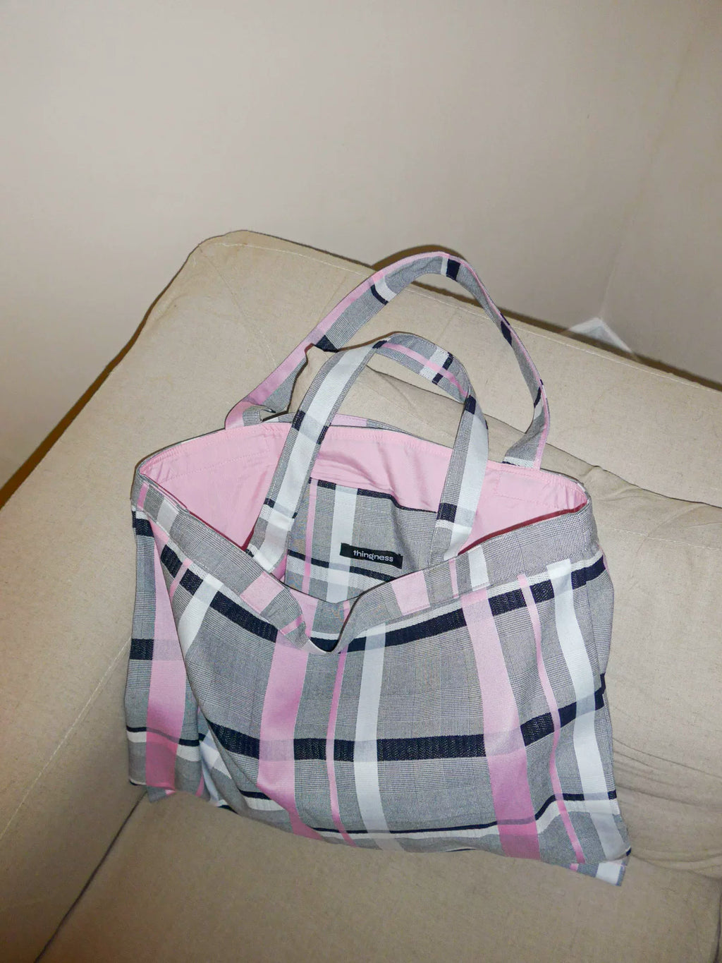 THINGNESS pink-gray colorblock plaid large capacity bag with a single shoulder and two shoulder shopping bags and tote bags