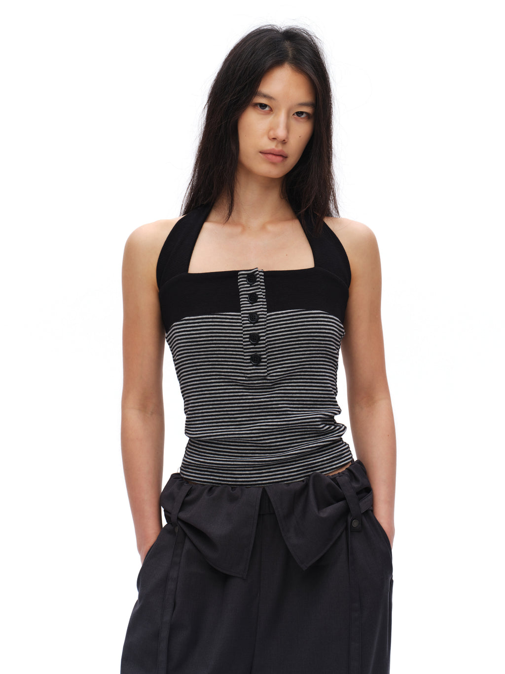 Collar buckle striped halter tank top