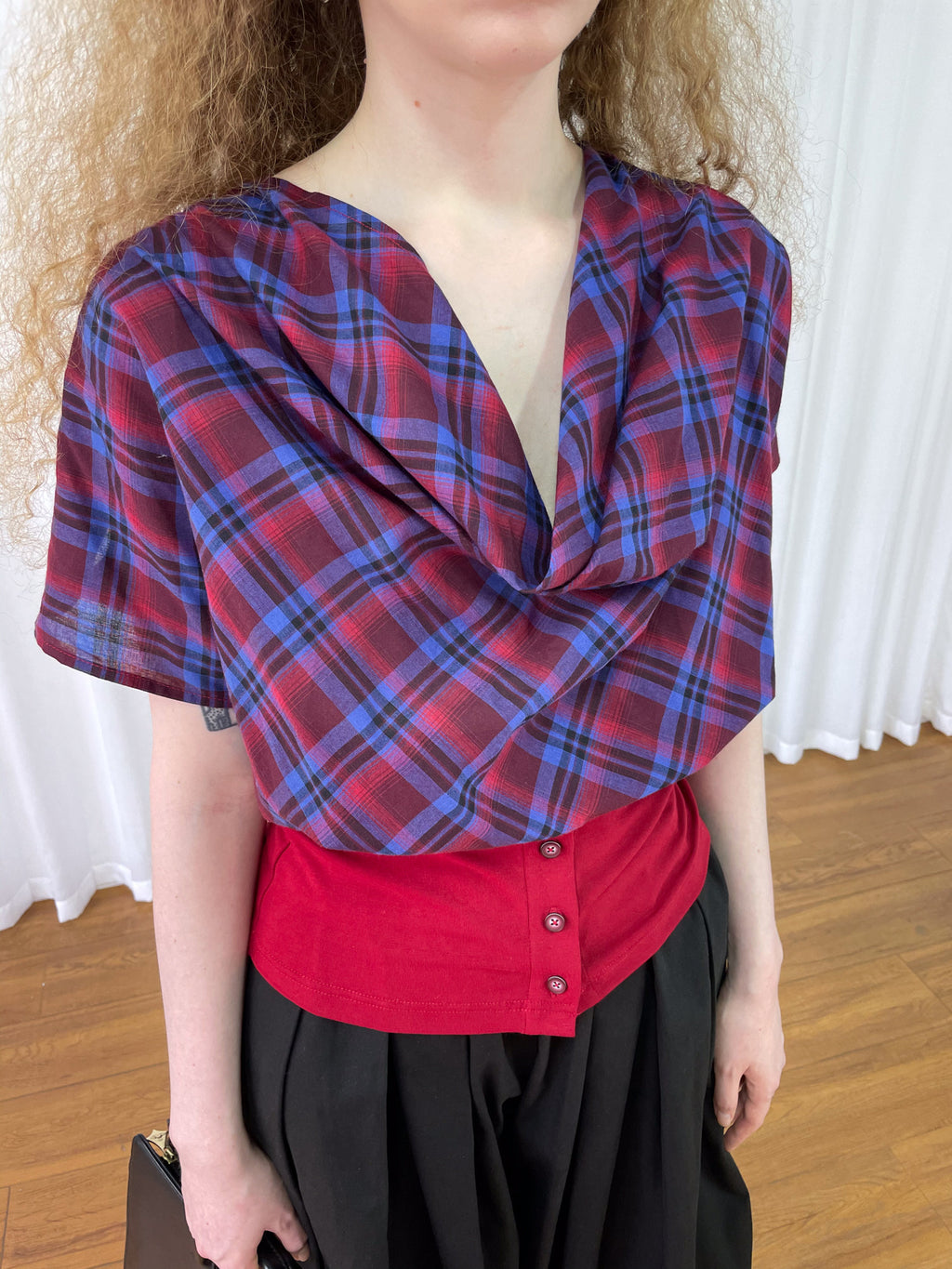 Collar short-sleeved check shirt