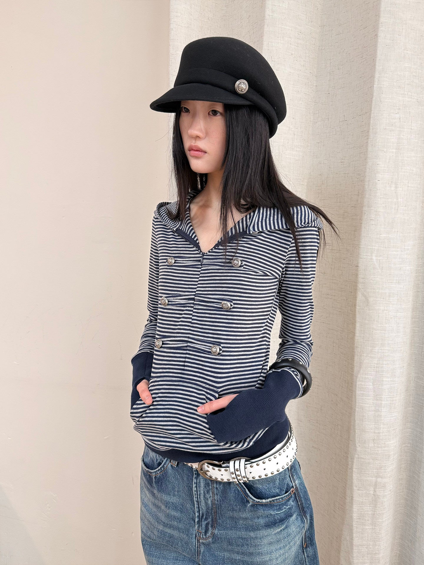 Hooded Napoleon-inspired striped top