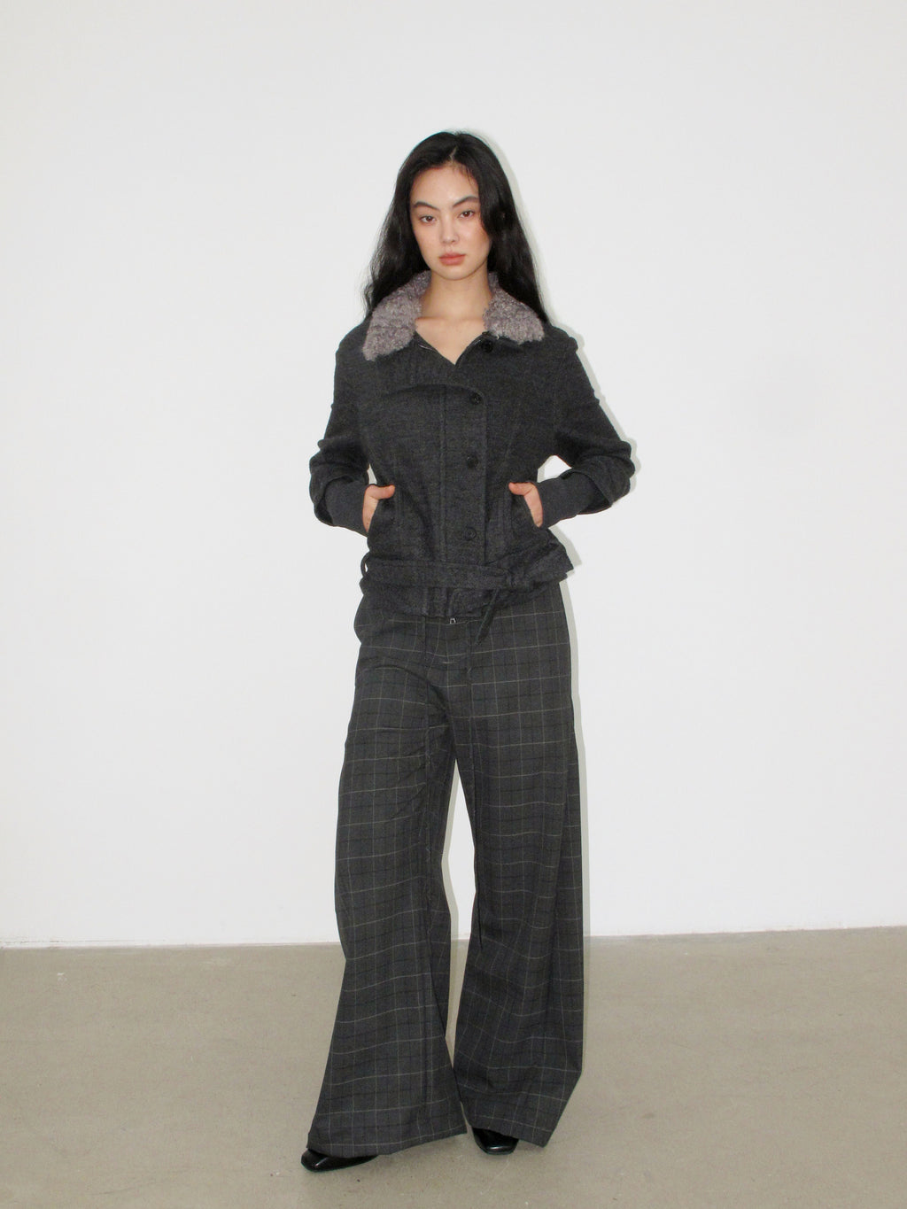 Fur Collar Cropped Wool Coat