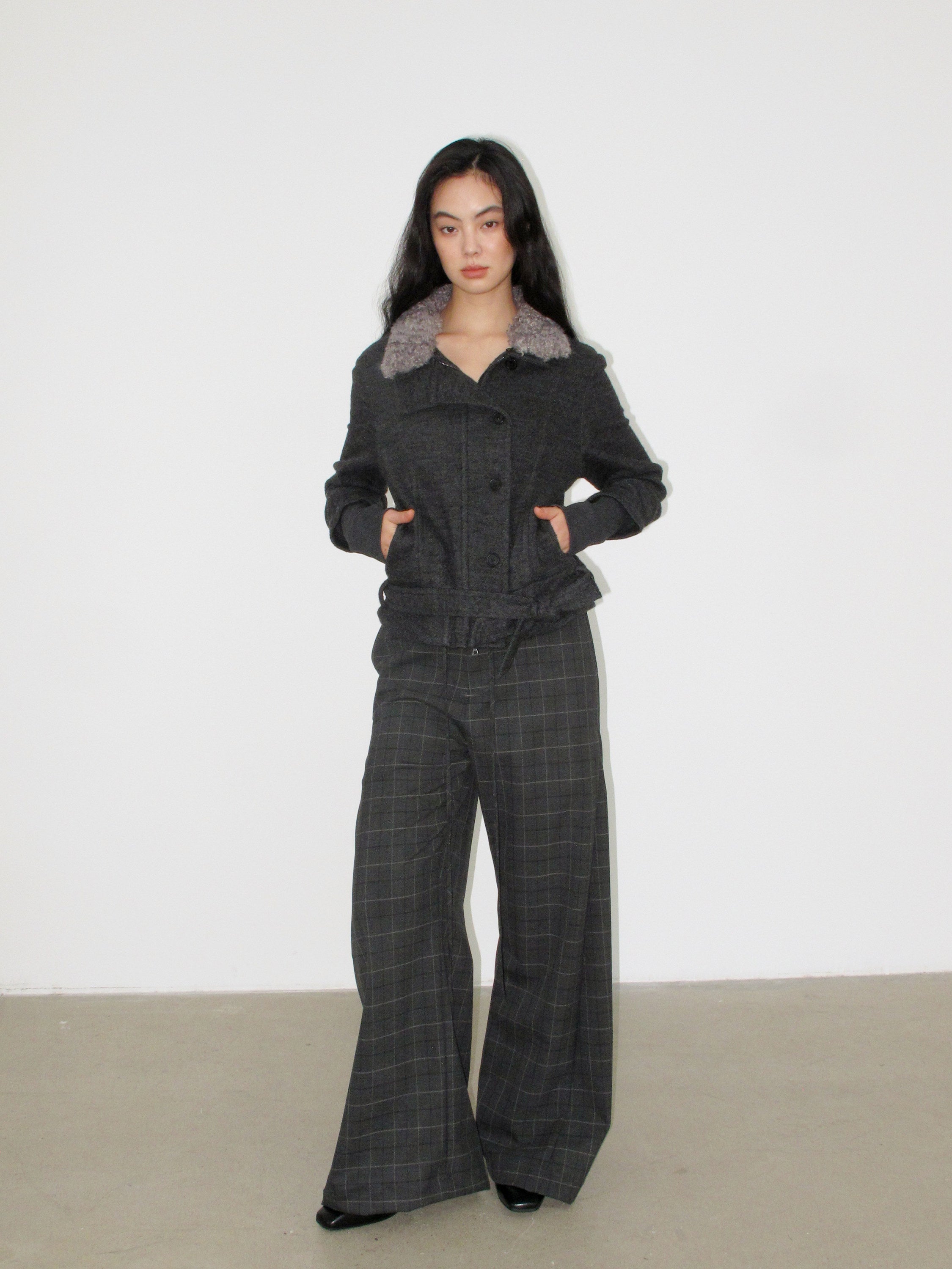 Fur Collar Cropped Wool Coat