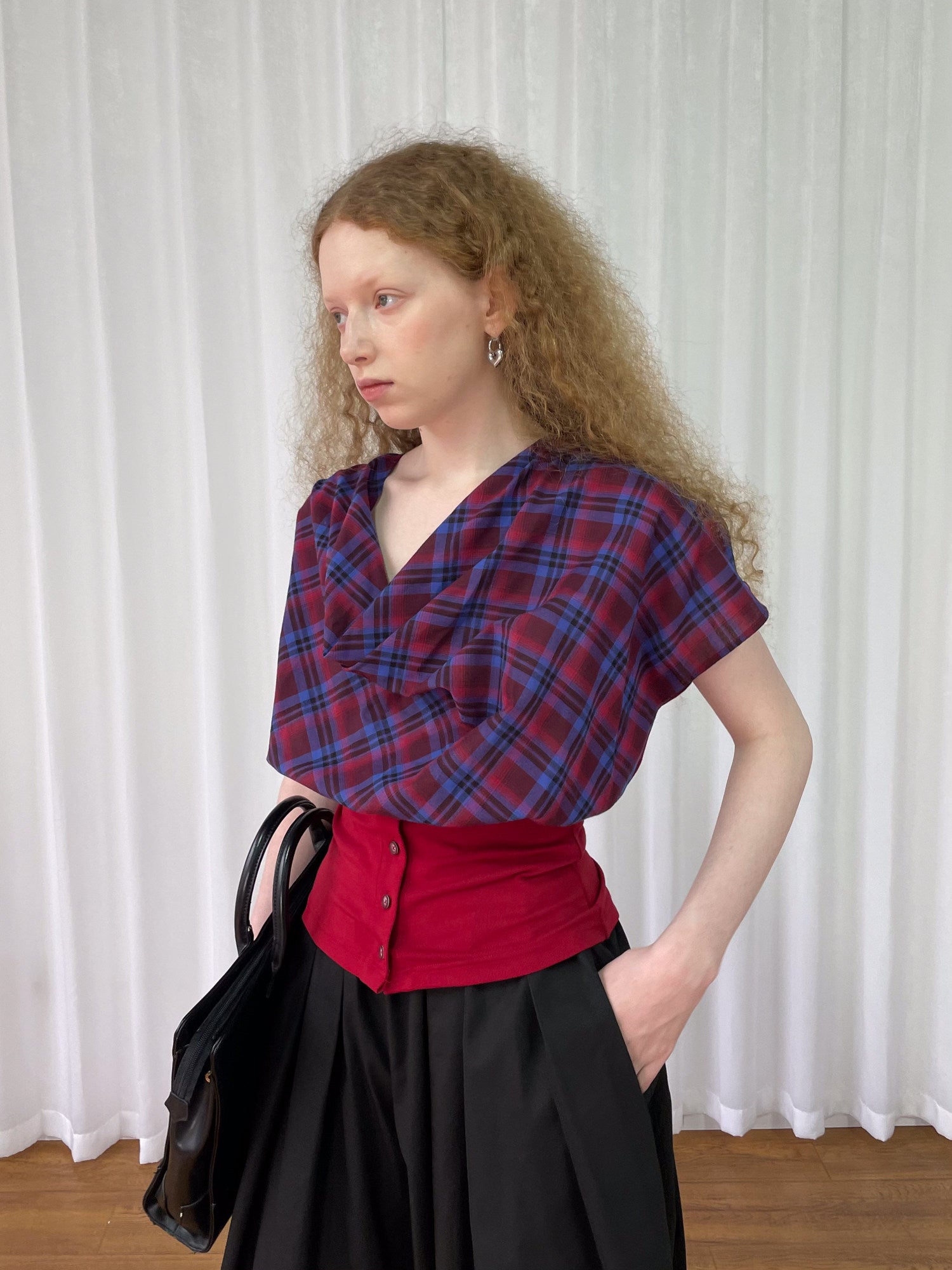 Collar short-sleeved check shirt