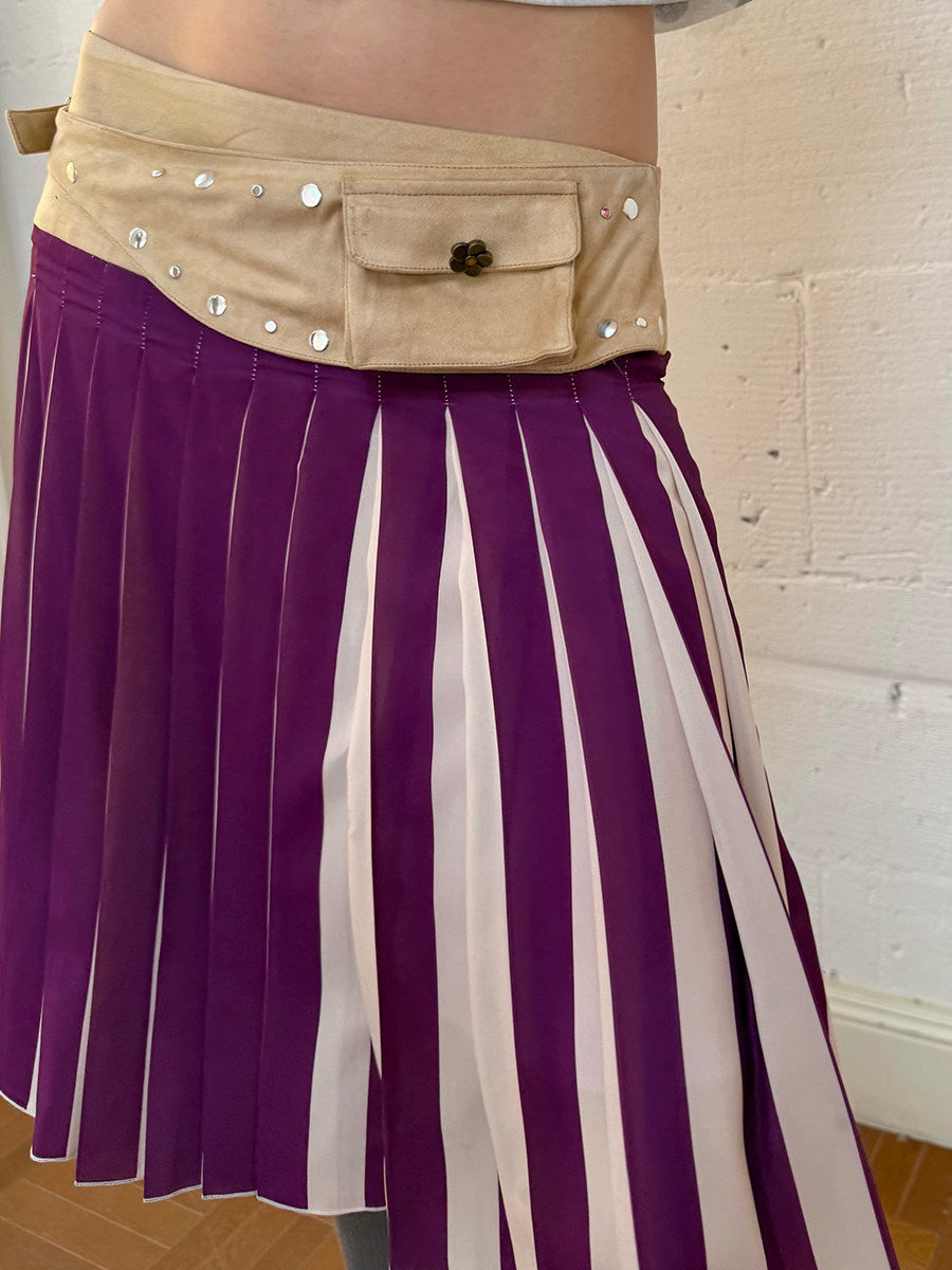 Purple color-blocked pleated skirt