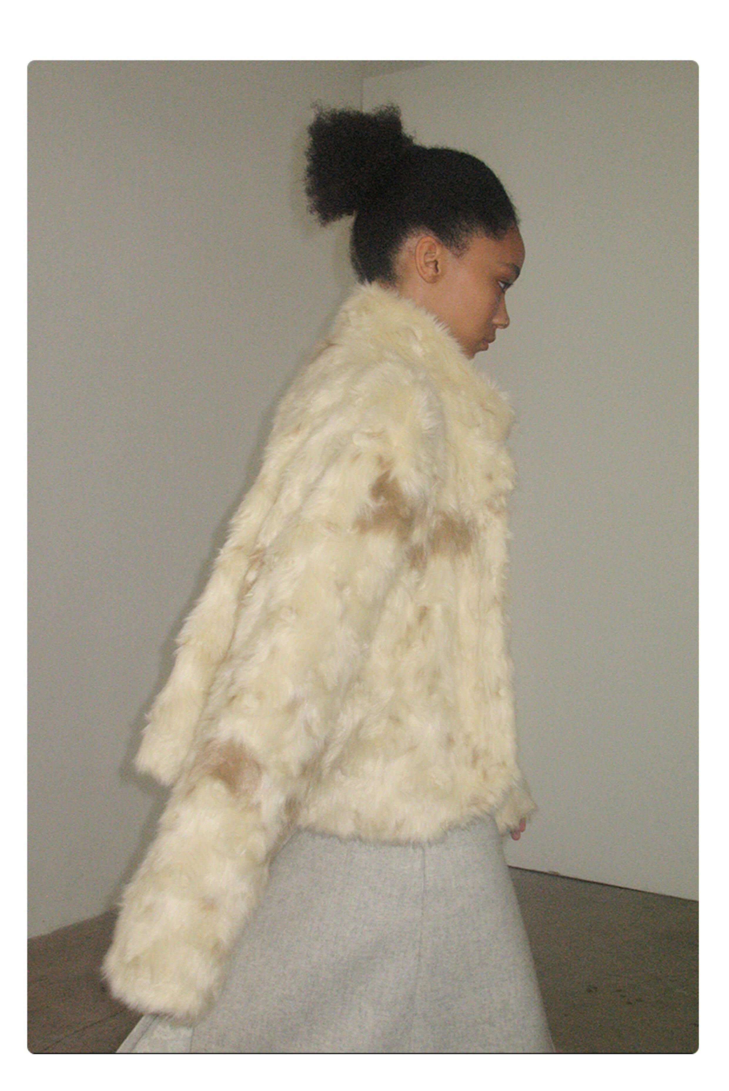 White-brown curly eco-fur warm thick jacket