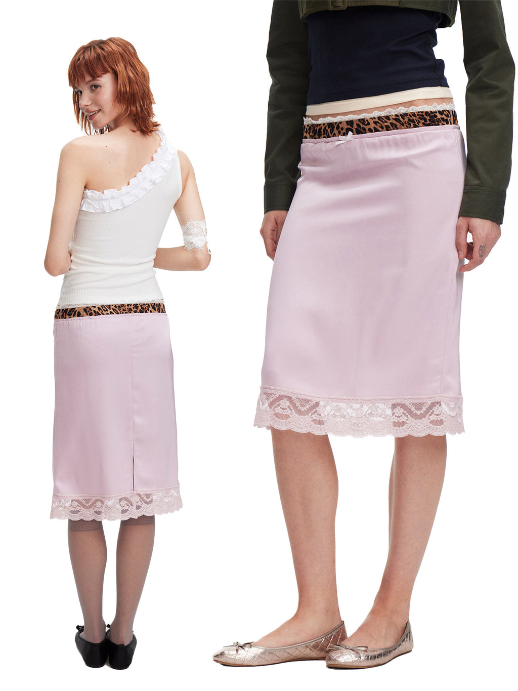 Leopard print contrast satin skirt