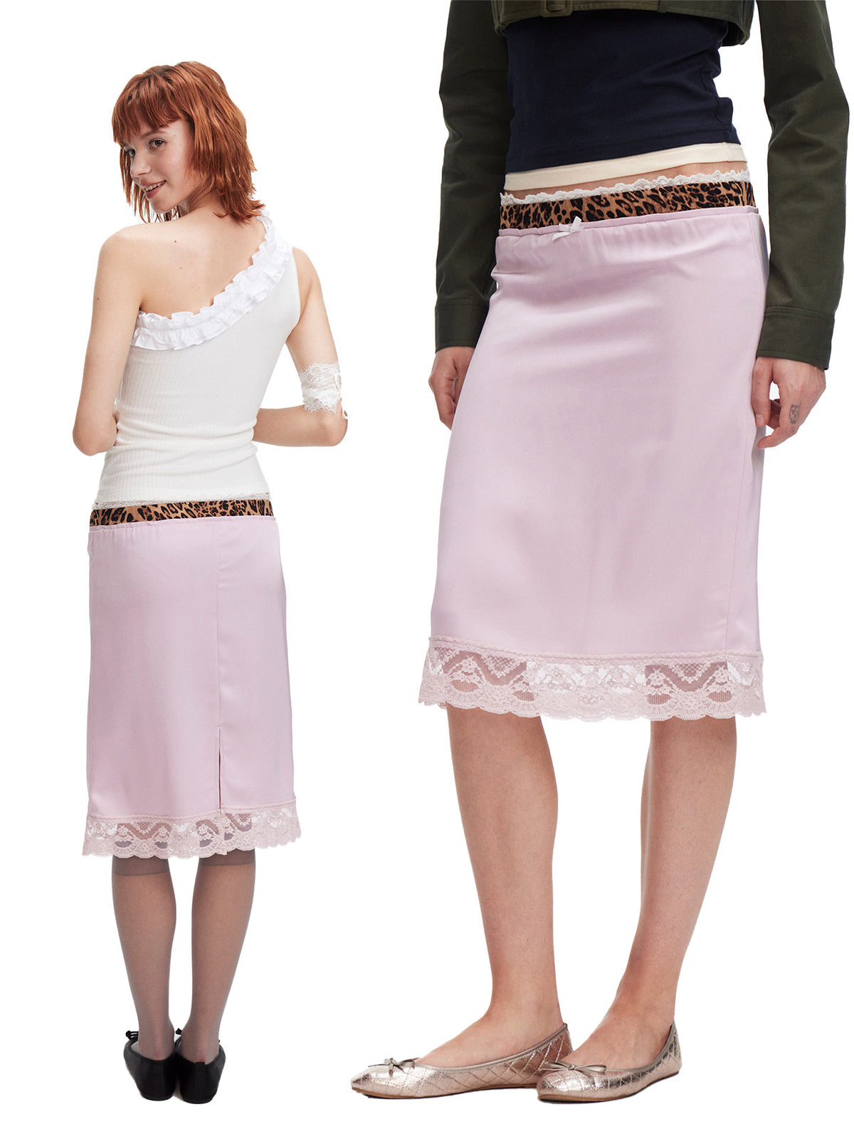Leopard print contrast satin skirt