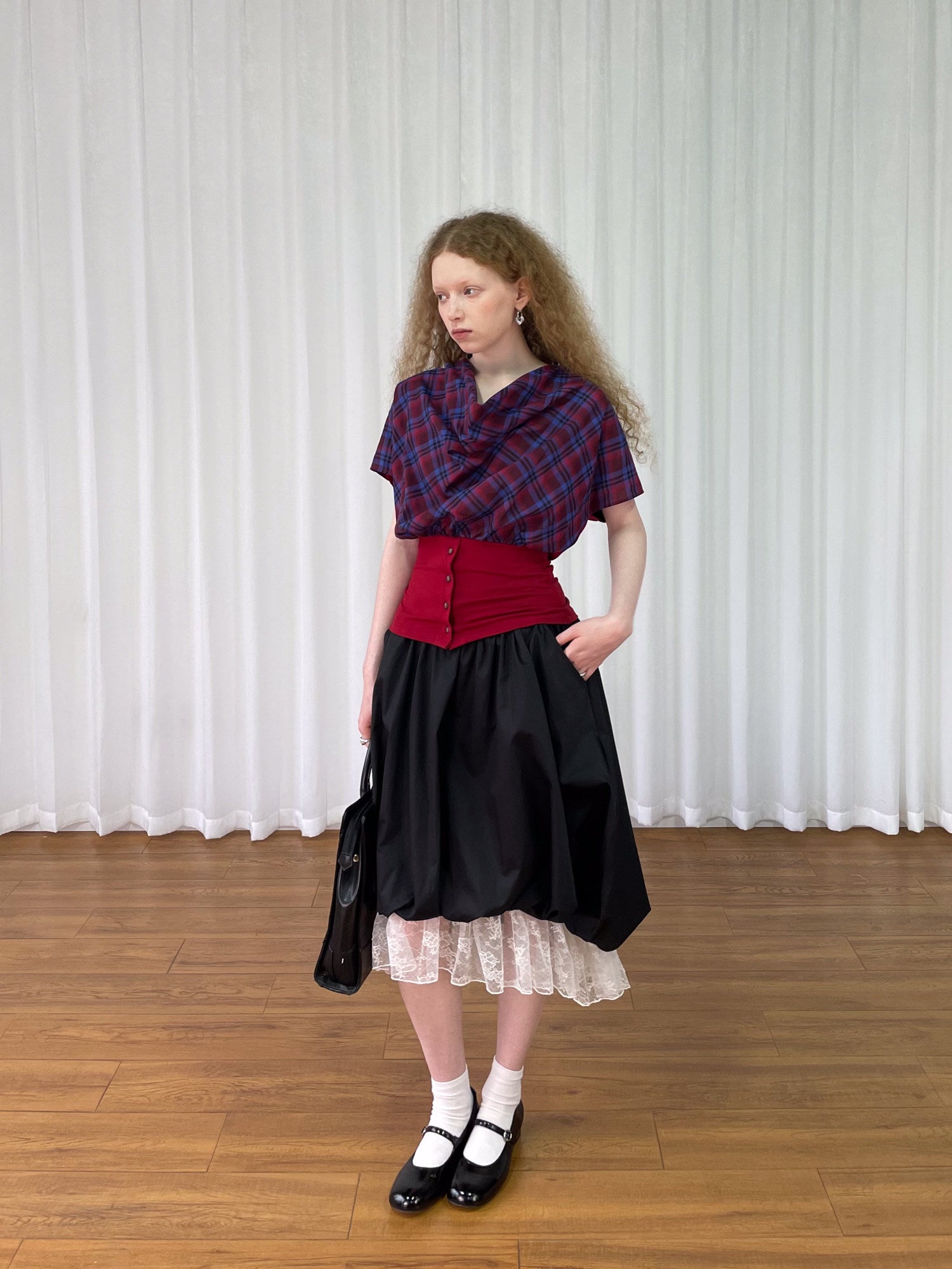 Collar short-sleeved check shirt
