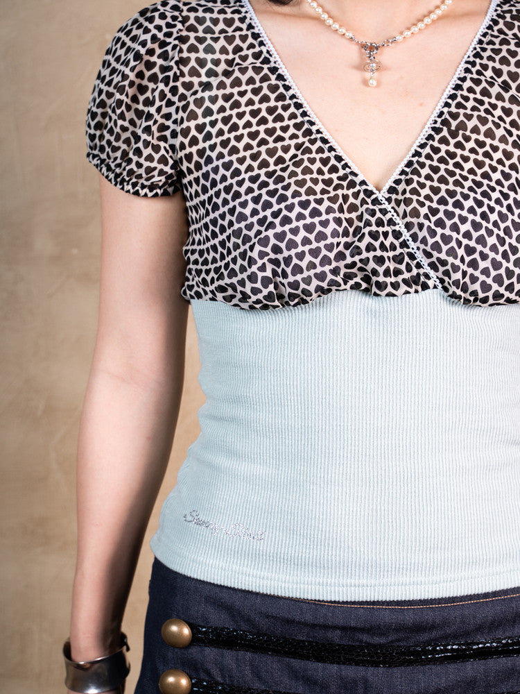 Ocean Blue Love Puff Sleeve Crossover Neck Top (Pre-order)