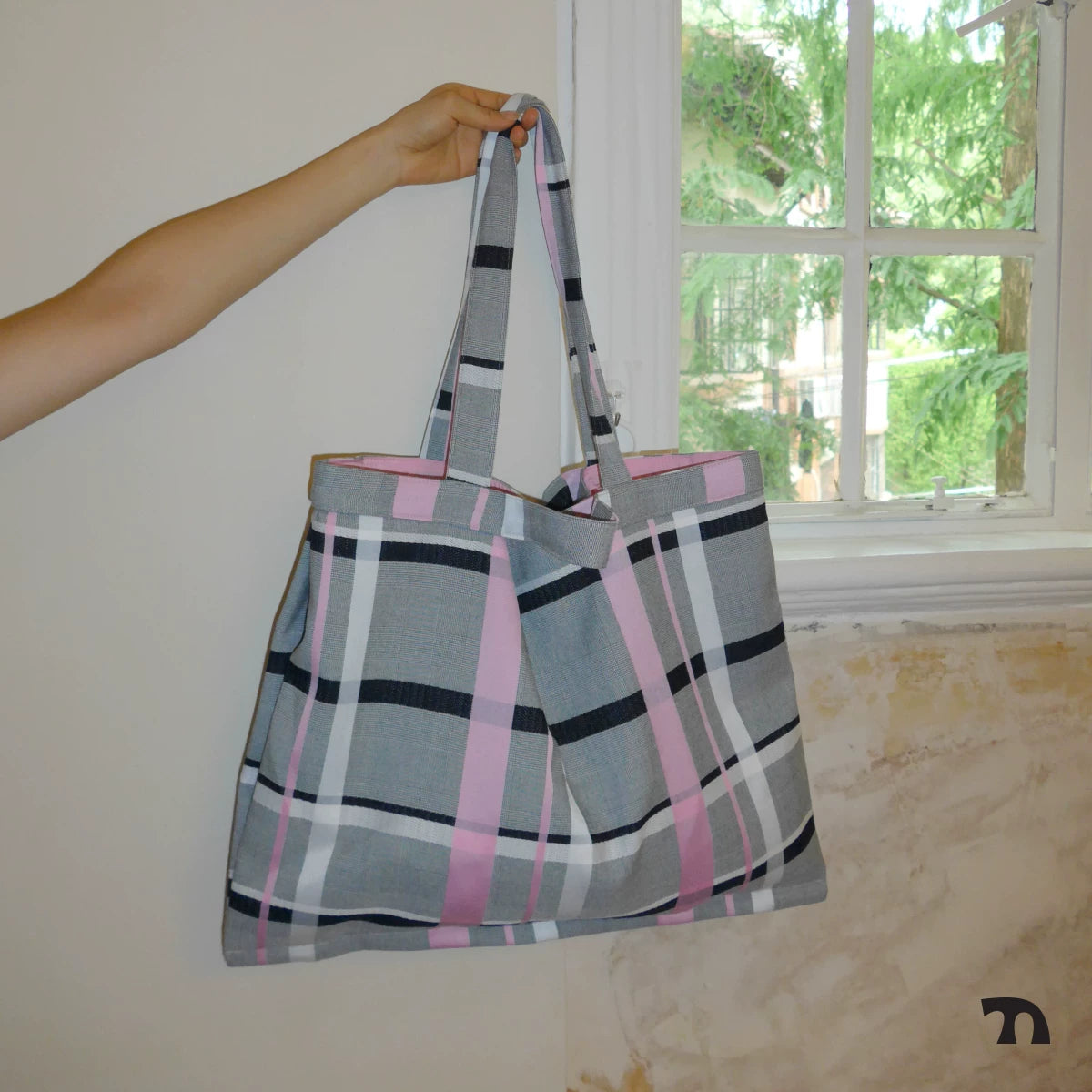 THINGNESS pink-gray colorblock plaid large capacity bag with a single shoulder and two shoulder shopping bags and tote bags
