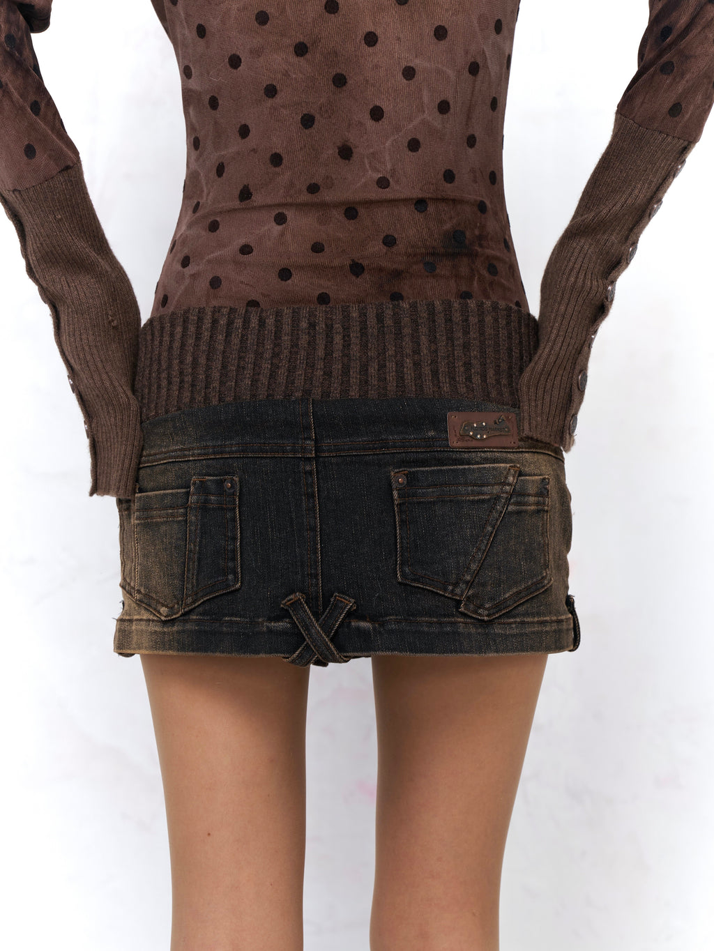 Rib Knit Panel Denim Mini Skirt