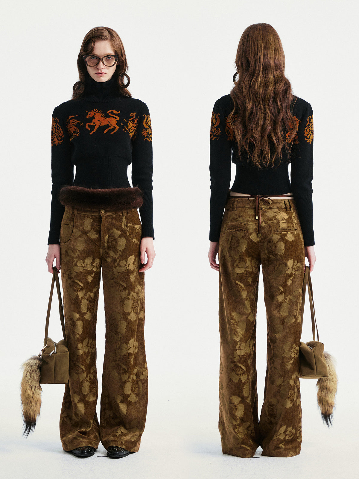 Floral jacquard pants
