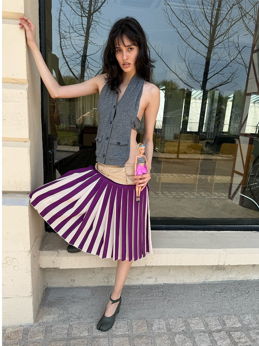 Purple color-blocked pleated skirt