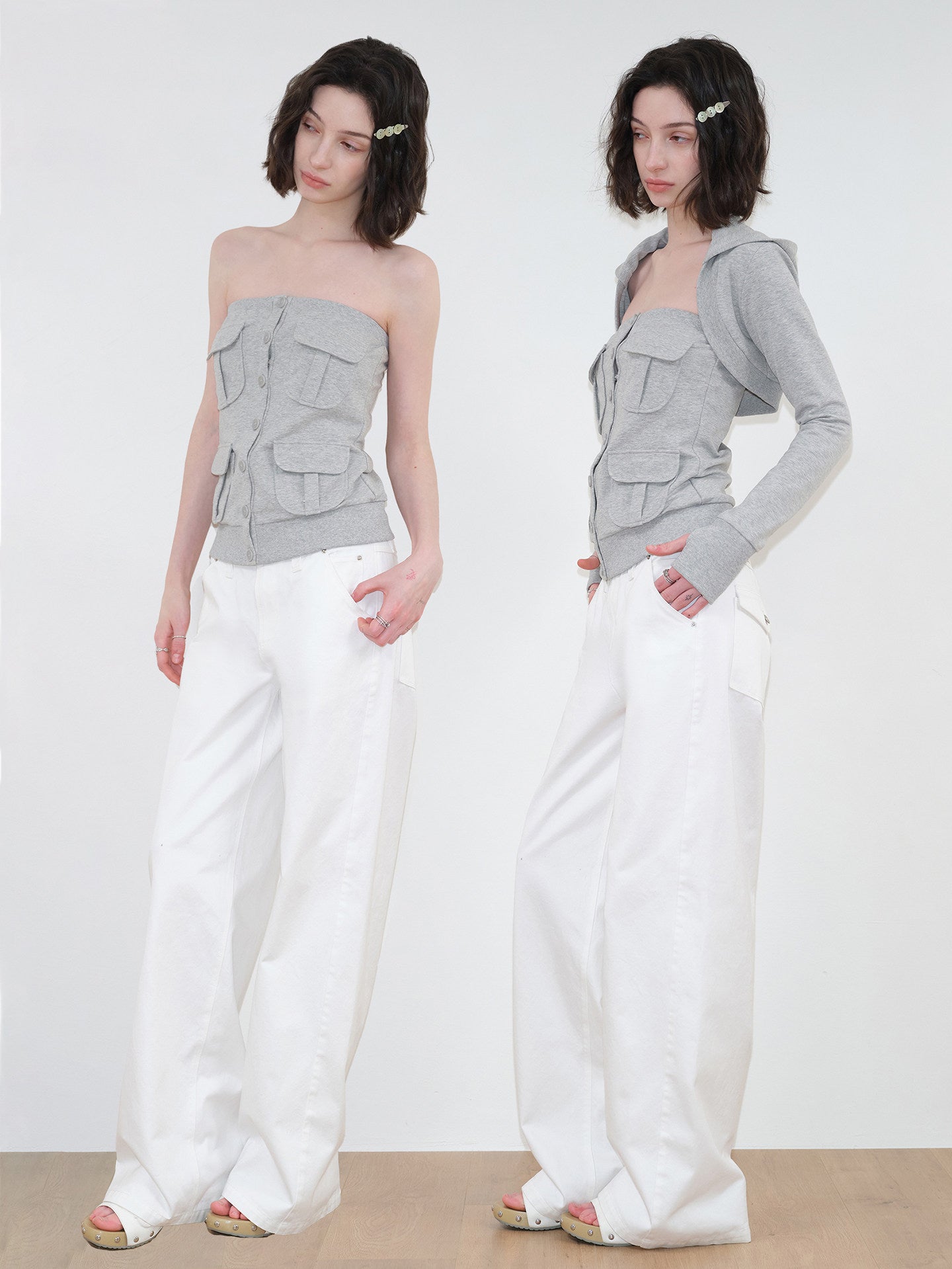 multi-pocket design cardigan / tube top