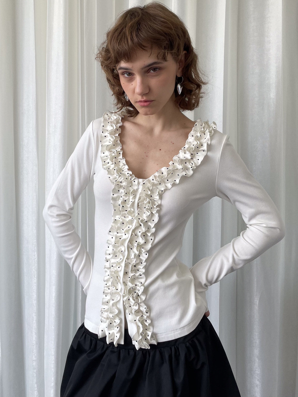 Polka dot lace collar white top