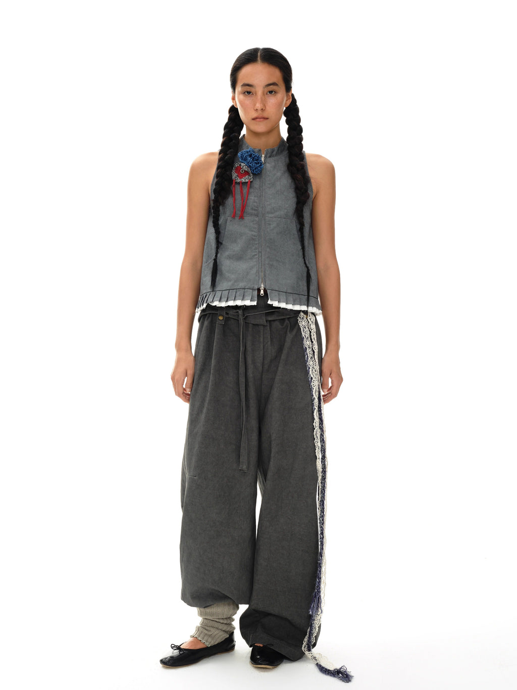 Pleated Ruffle Trim Zip Vest