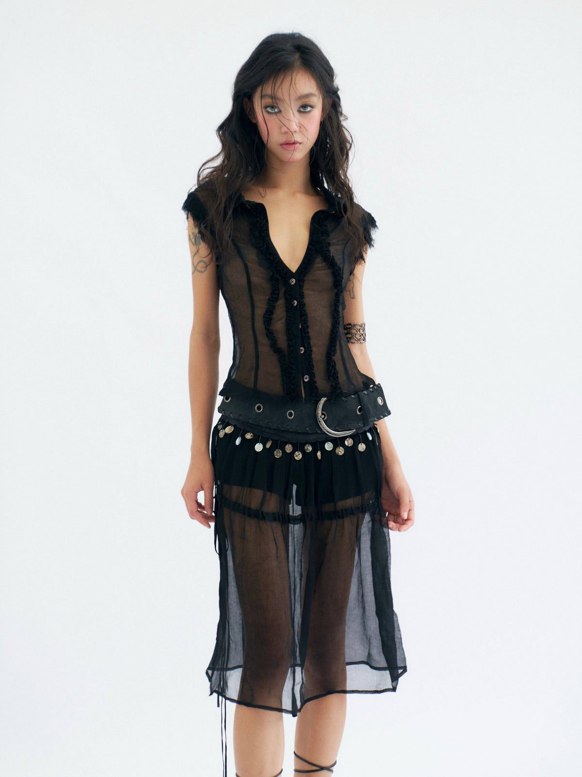 Sheer Overlay Belted Skort