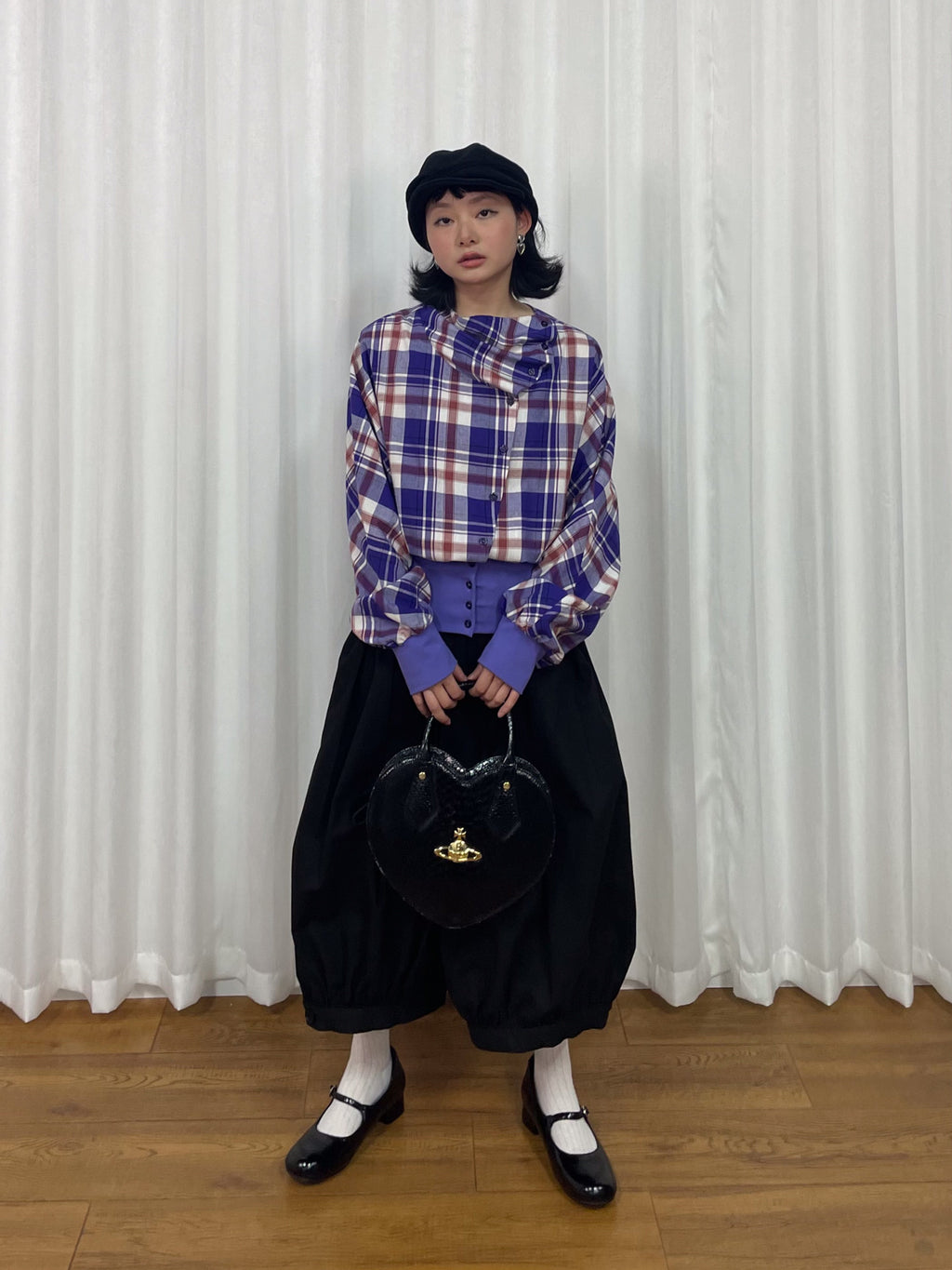 Plaid pleated shirt jacket