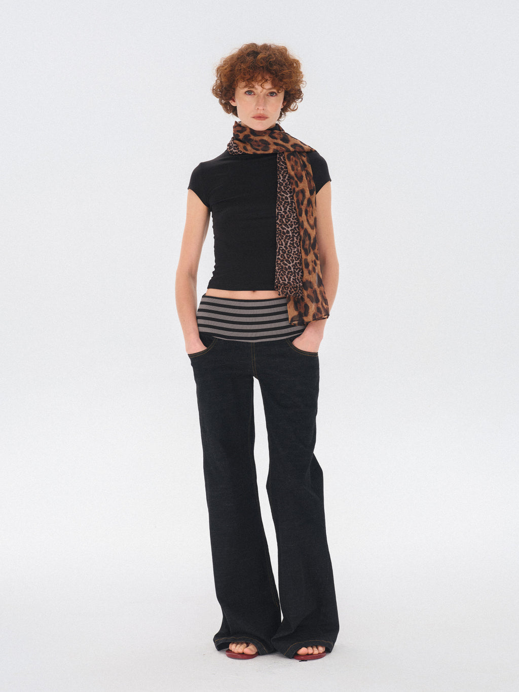 striped waist stretch denim trousers (Pre-order)