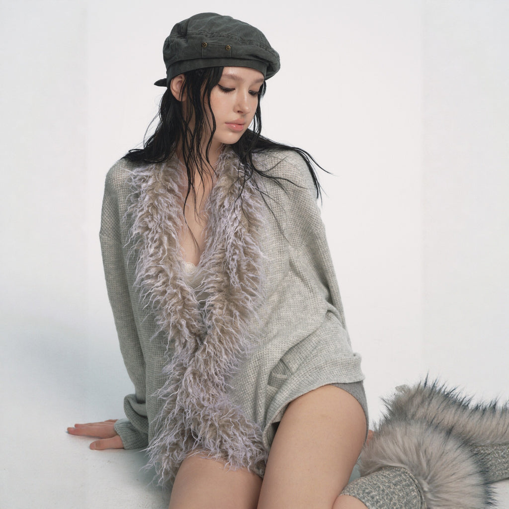 Faux Fur Collar Knit Cardigan
