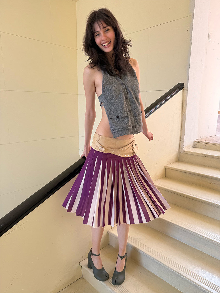 Purple color-blocked pleated skirt
