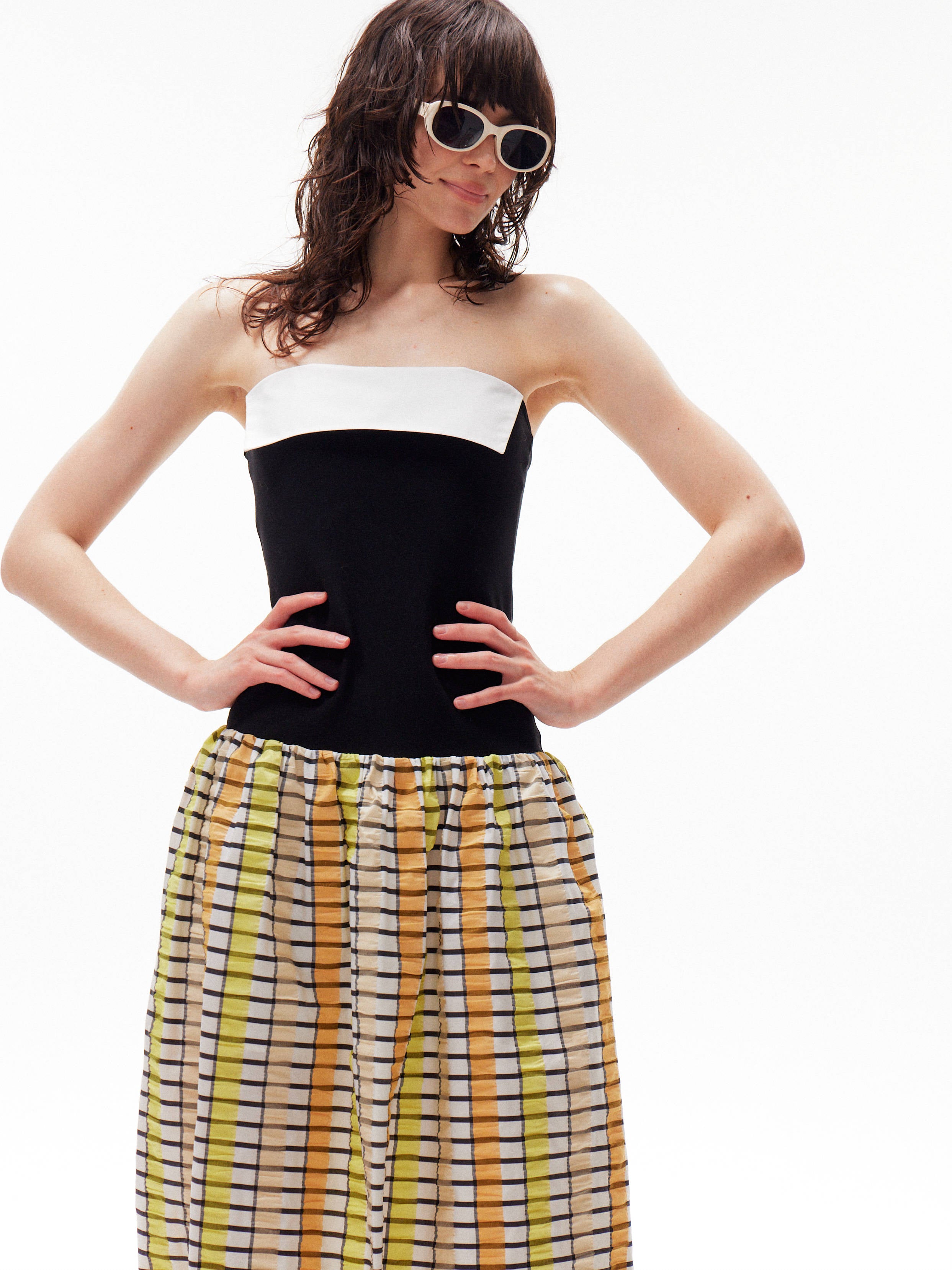 splicing shirring puffy skirt dress