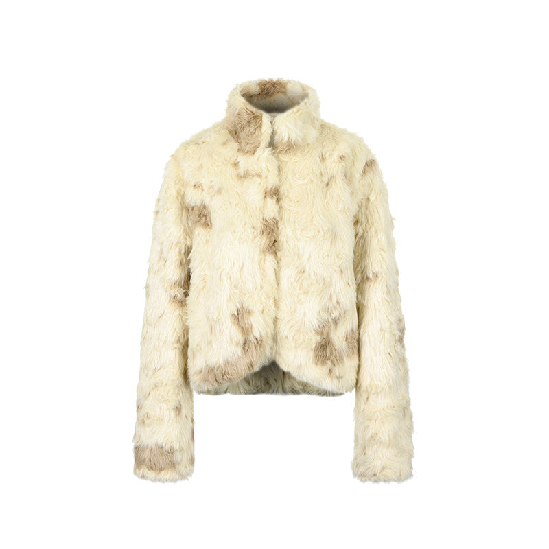 White-brown curly eco-fur warm thick jacket