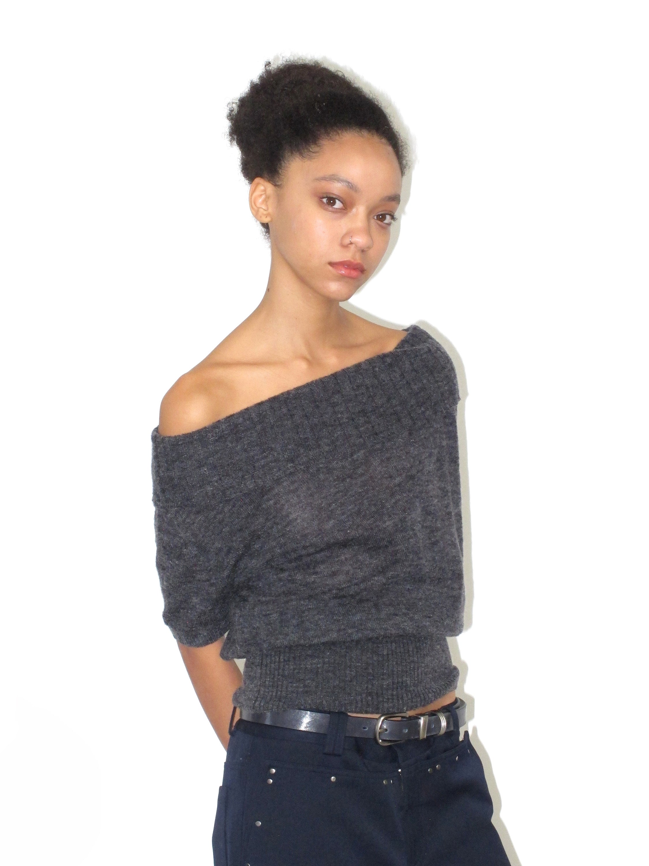Mohair wool-blend knit short-sleeved top