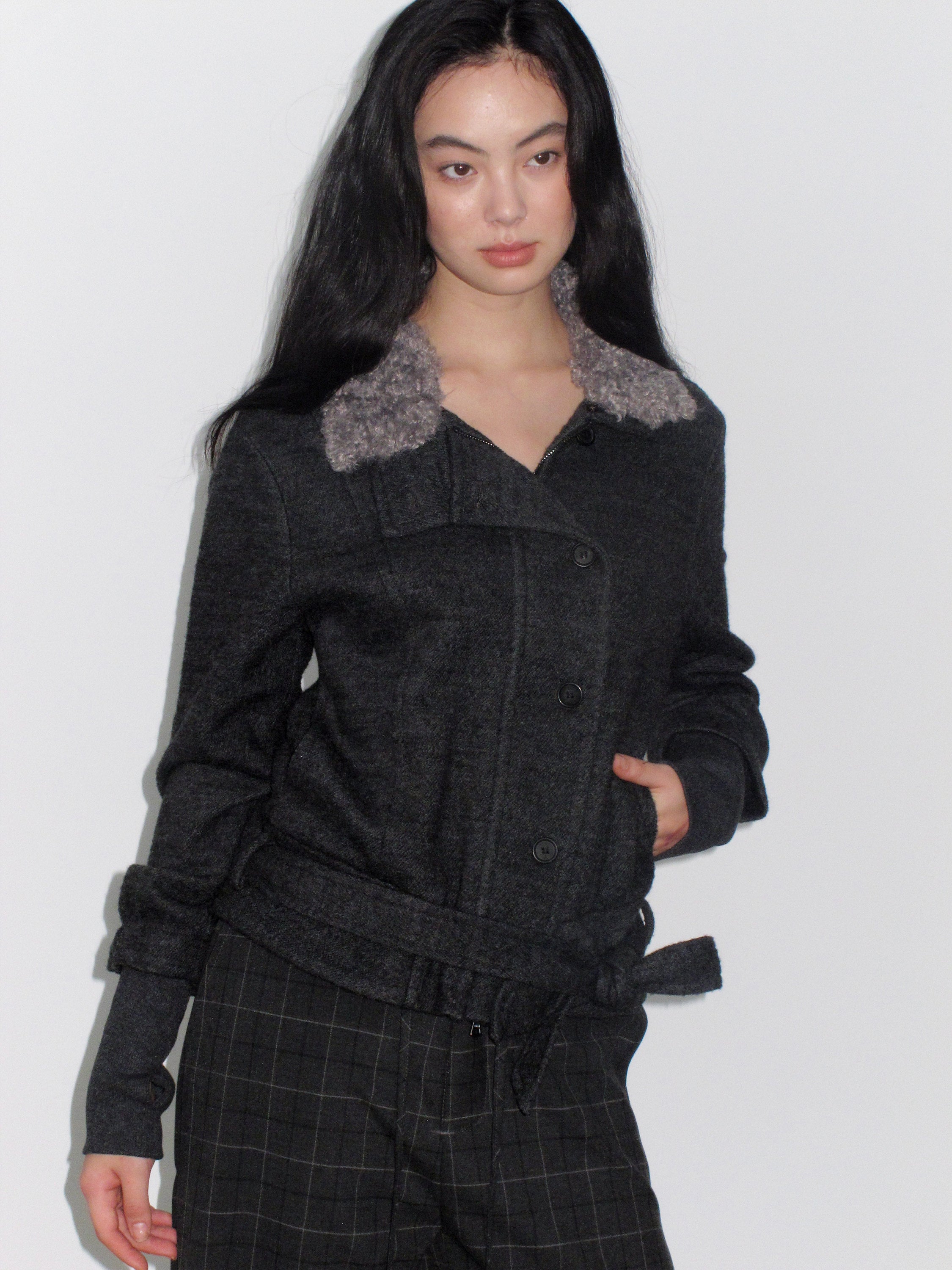 Fur Collar Cropped Wool Coat