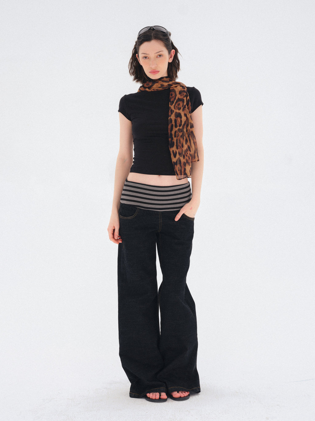 striped waist stretch denim trousers (Pre-order)