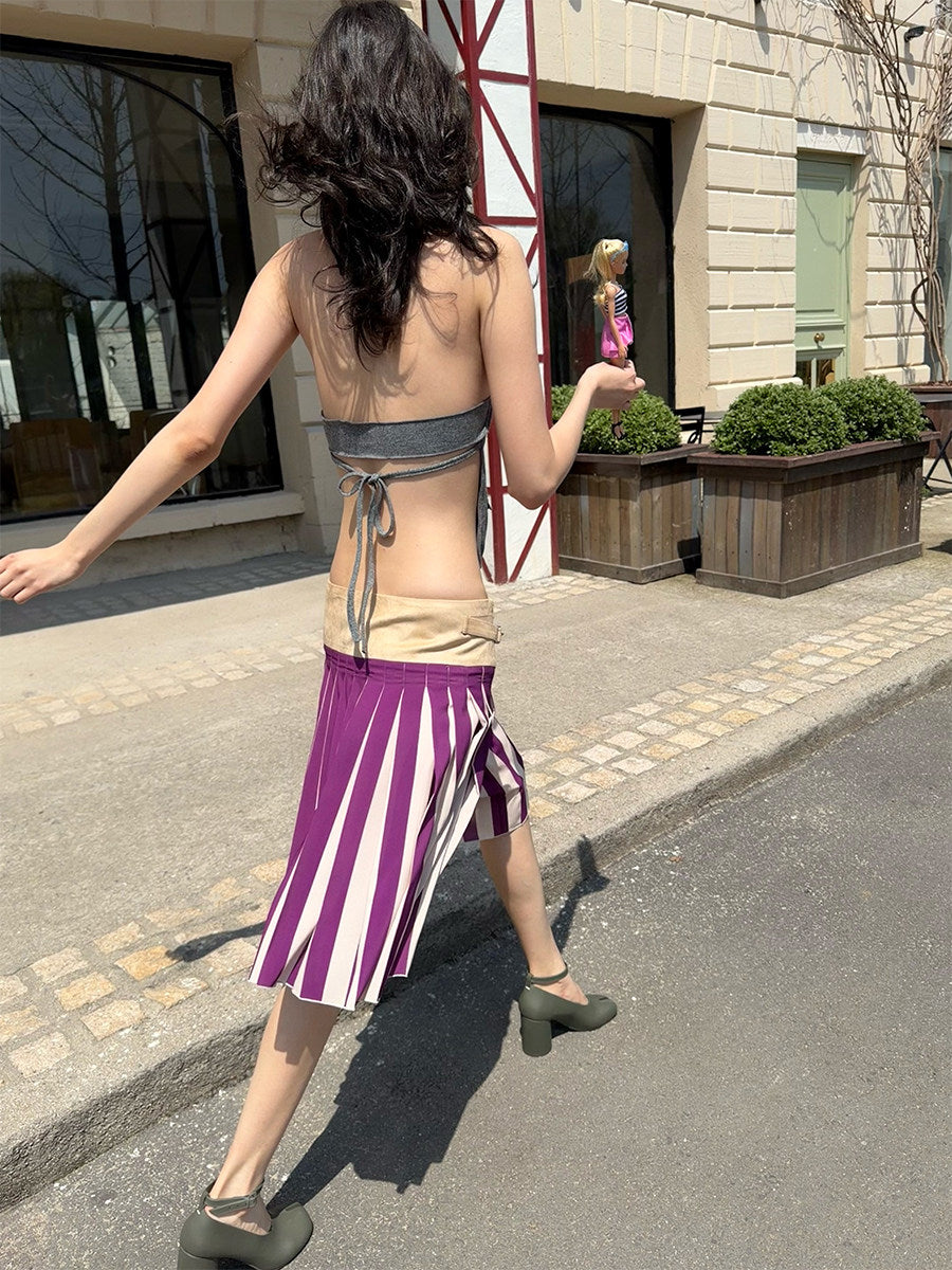 Purple color-blocked pleated skirt
