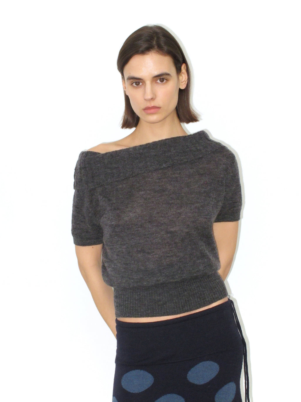 Mohair wool-blend knit short-sleeved top