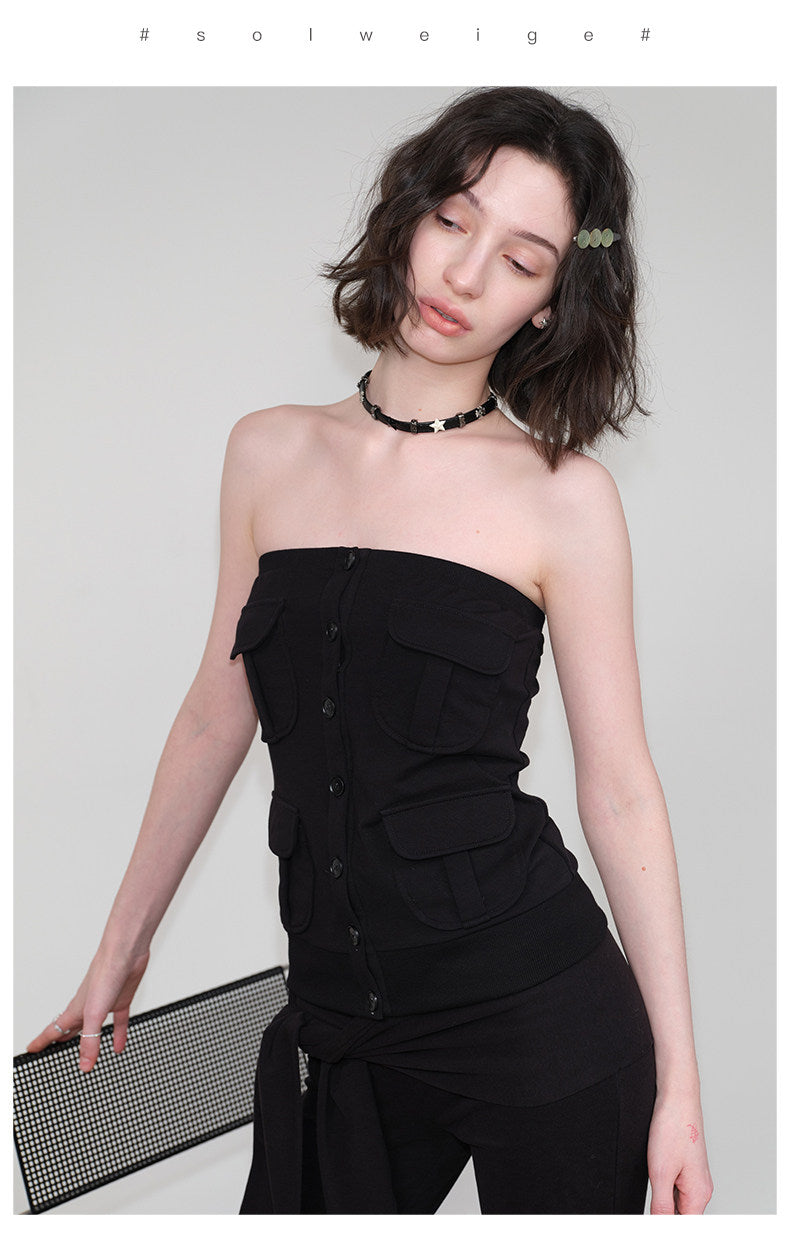 multi-pocket design cardigan / tube top