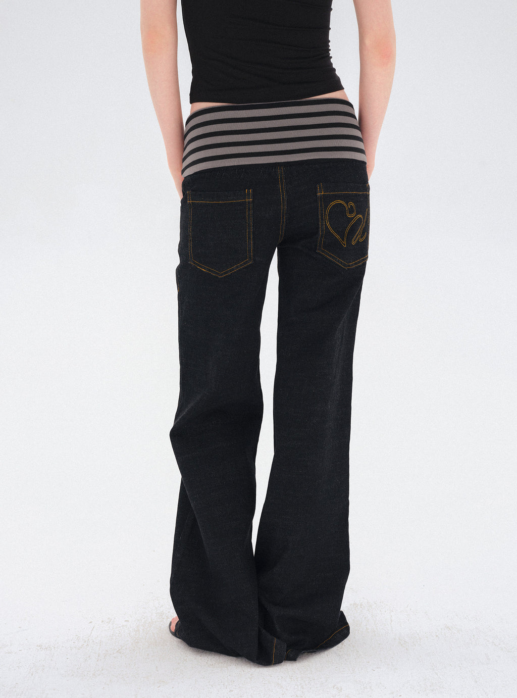 striped waist stretch denim trousers (Pre-order)