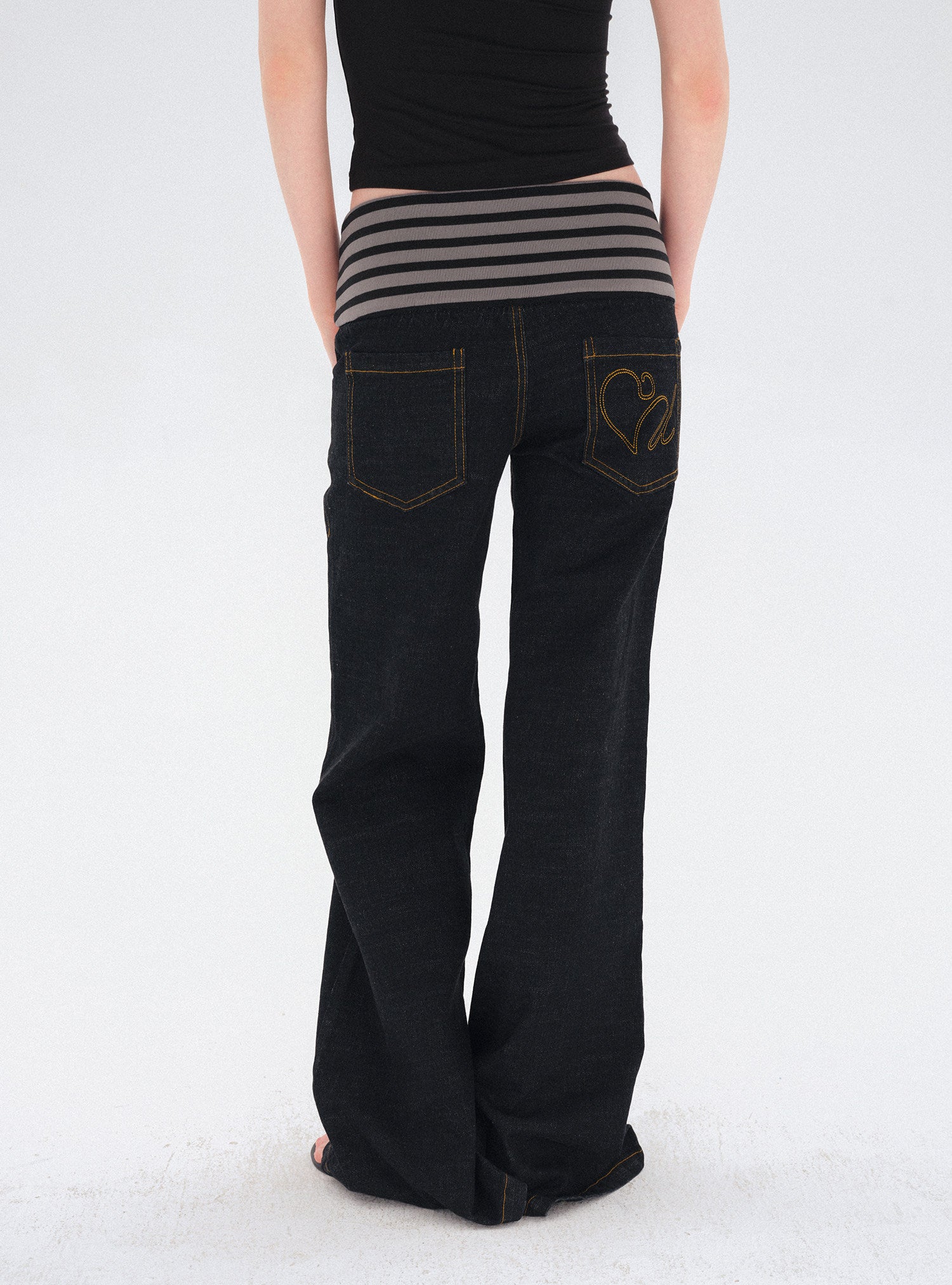 striped waist stretch denim trousers (Pre-order)