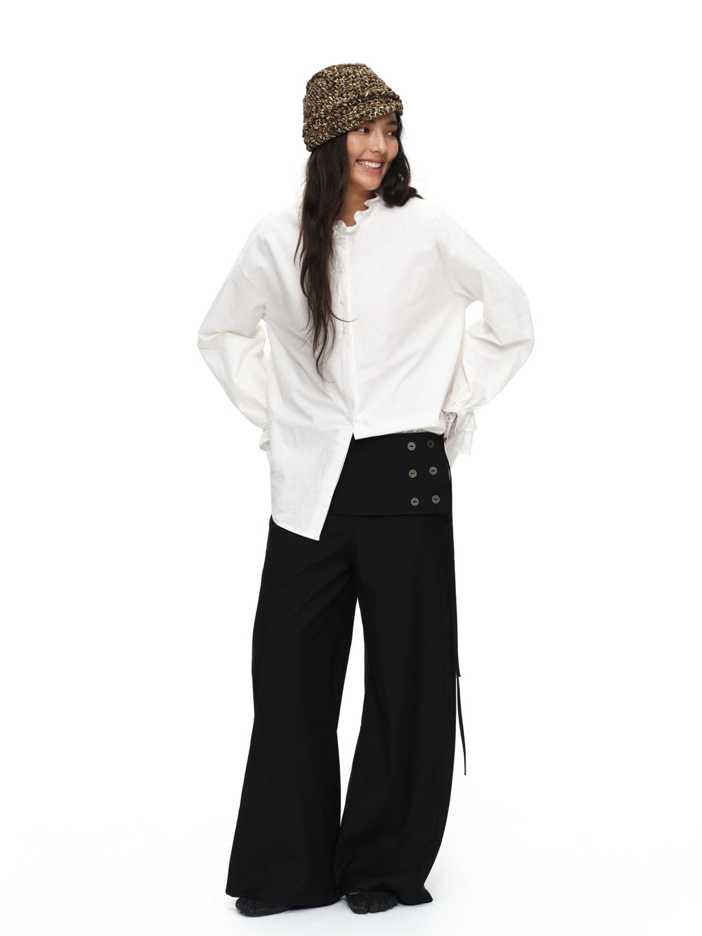 button straight trousers with skirt
