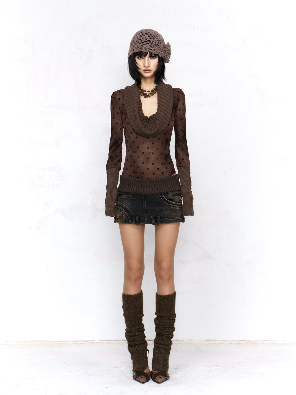 Rib Knit Panel Denim Mini Skirt