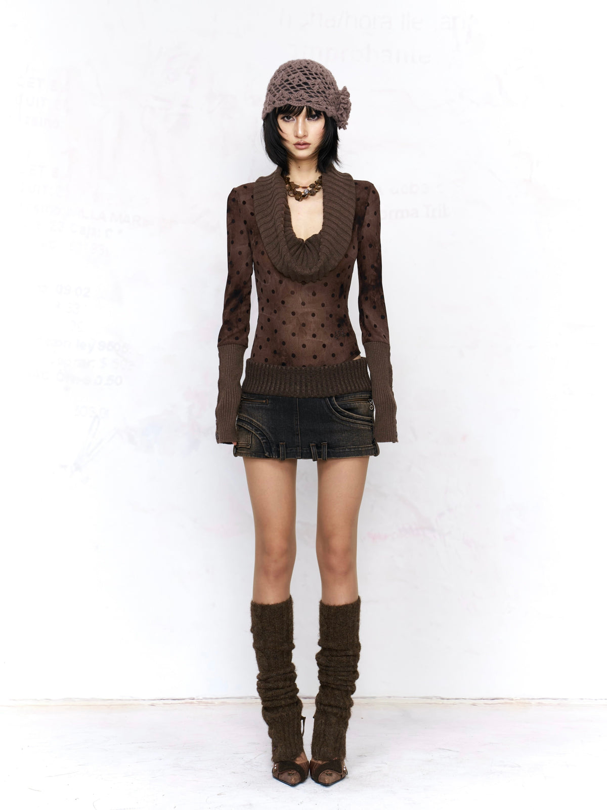Rib Knit Panel Denim Mini Skirt