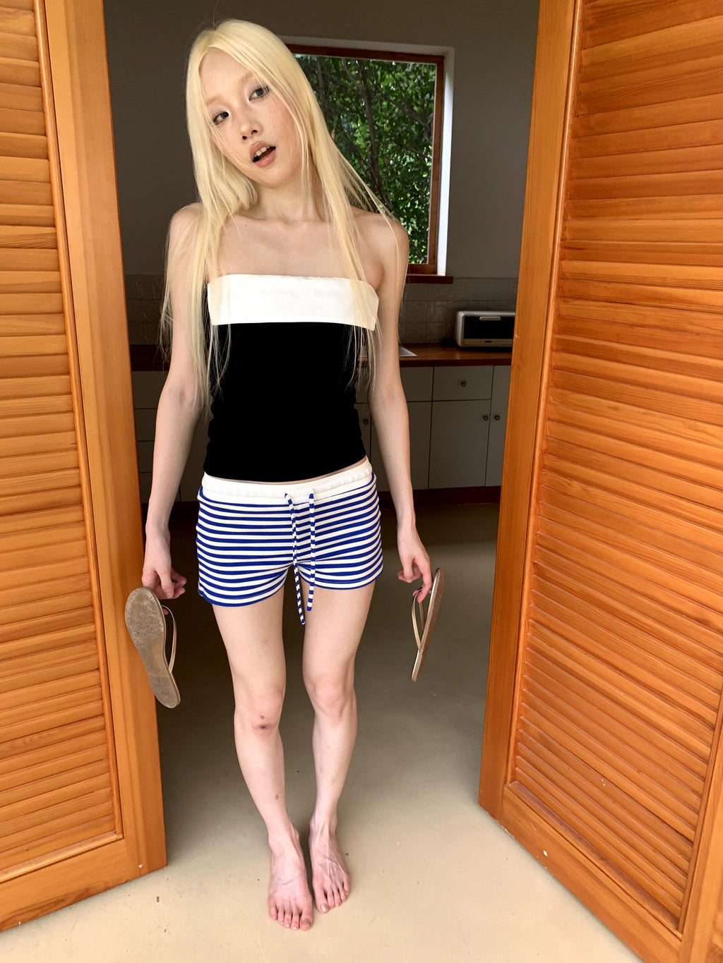 striped knit casual shorts