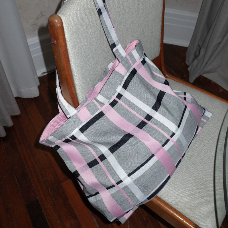 THINGNESS pink-gray colorblock plaid large capacity bag with a single shoulder and two shoulder shopping bags and tote bags